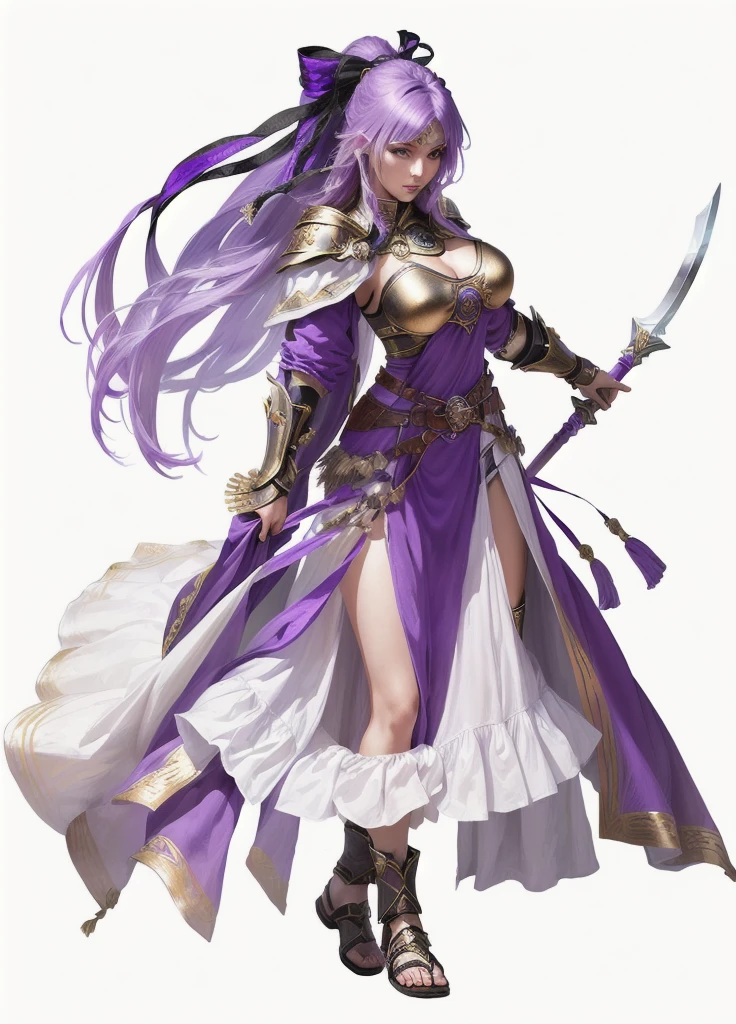 female warrior, y, attractive body, pretty face, female priestess knight, wear priestess clothes, purple hair, purple eyes,