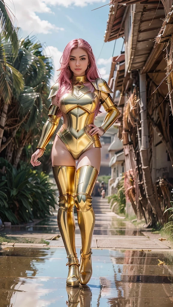 ((best quality)), ((masterpiece)), (ultra detailed lights), ((full body shot)), indonesian girl, extremely beautiful, ultra face details, 20 years old, ((pink curvy-hair)), ((hair blown by strong winds :1.3)), ((Award-winning photograph)), photography of a  girl, slim face, extremely beautiful, ultra details skin, crisp picture, ((full make ups)), eyelashes, eyeshadow, gold retina, perfect eyes, ((pink blushing)), ((red lips)), ((wearing tight gold armor)), ((luminous gold armor)), ((24k-gold armor)), ((full body armor)), ((tight black latex pant((thighs covering armor)), ((extreme armor reflection render)), no head cover, ((symmetrical body pose)), model posing in the middle, at beach, sun rays, epic yellow lights reflection, red clouds, from below