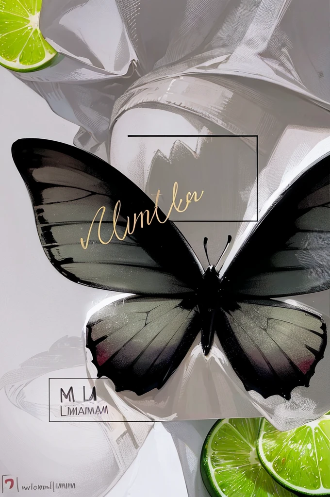 large black butterfly with its wings spread open. The background is a textured, misty grey with hints of green, creating a soft, ethereal atmosphere. There are lime slices positioned in the corners of the image, adding a vibrant pop of green color.

Overlaid on the butterfly's wing is the word "Lullm♥m" written in a yellow script font, possibly handwritten. In the bottom right corner, there is a small piece of text in Russian that reads "Я люблю маму," which translates to "I love mom" in English.

The image combines natural elements with a touch of personal sentiment, creating a visually appealing and emotionally resonant design