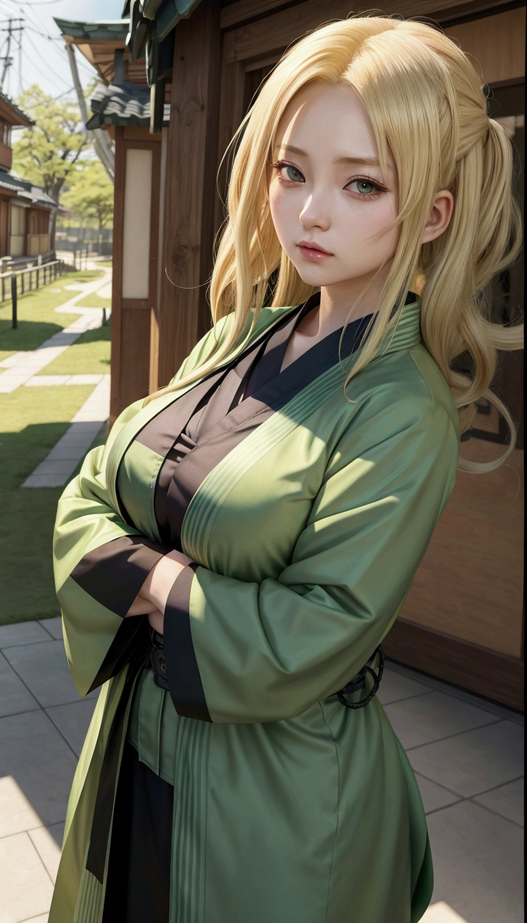 anime girl with blonde hair and green jacket standing in front of a building, tsunade from naruto, blonde anime girl with long hair, in a kimono, in kimono, dressed in a green robe, sage ( valorant ), from girls frontline, demon slayer rui fanart, shikamimi, female anime character, fine details. girls frontline, as an anime character