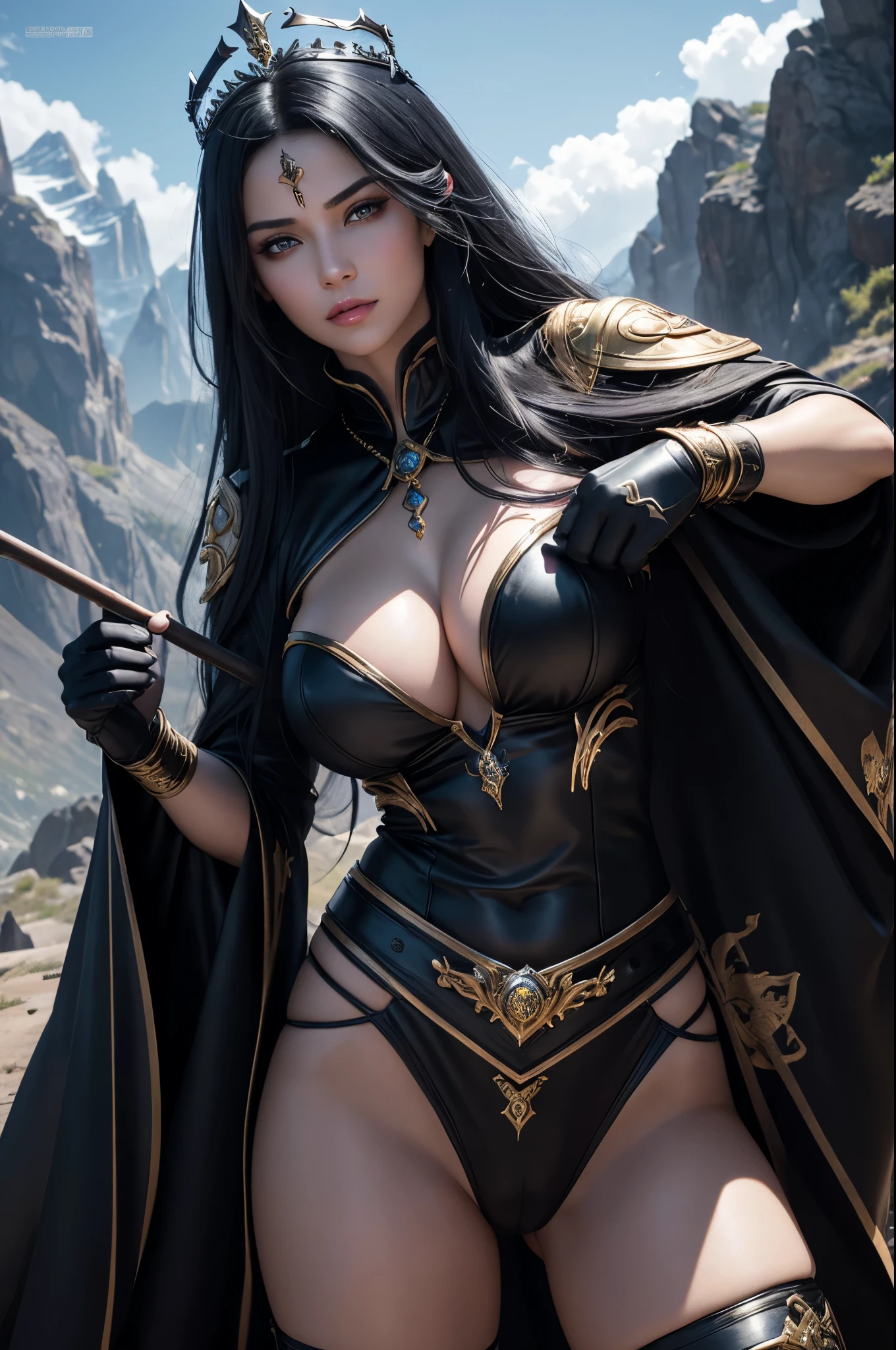 8k,Photorealistic　RAW Photos　Highest quality;1.4) 　(1 adult female)　Super Beauty　(A vivid face),Look at your face　long blue-black hair　The phantom empress with glowing purple eyes　Black and silver aristocratic big breast look　Luxurious black robe,　Golden decoration　Glare　Big black and gold walking stick,　Wearing black leather gloves　Remains　Gwaitz Style　purple rouge　Realistic　Exact details,Beautiful expression　Details of each part　Ultra-high resolution　超Realistic　Charm　Instep　Realistic Skin　Fantasy Queen　An inviting gaze　Emphasize cleavage,,Compensate,masterpiece,Highest qualityのPhotorealisticなRAW Photos。Bright colors,Rich colors, Backlight, Cinema Lighting, Film Grain, 50mm lens, Nikon D850,Detailed character art,Fantasy art,Ultra-high resolution,Ultra-Realistic Skin,Perfect hand shape,Muscular Beauty,Dynamic fighting pose,In the mountains,Devil's Makeup,A big magic circle behind(Purple effect),