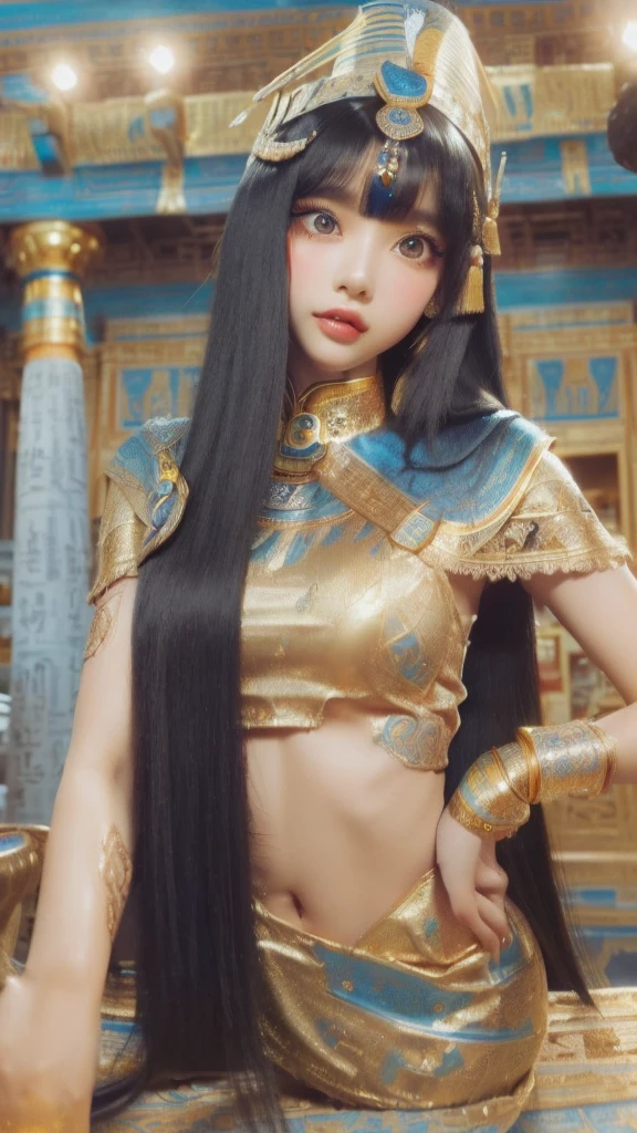 Korean female as a beautiful Queen Cleopatra Egyptian woman, Beautiful green eyes, seducing smile, provocative pose, (Glossy Egyptian ornaments, (top-quality、8K、32K、​masterpiece), high resolution, ((traditional Egyptian bangs and fringe hairstyle)), black hair with heavy bangs on the forehead, (cowboy shot), depth of field, cinematic lighting effect, supermodel body, caramel skin shiny with oil and sweat, ((Egyptian sorceress)), ((wearing insanely detailed blue and gold ancient Egyptian sorceress outfit)), ((ornate blue and gold Egyptian headdress)), interior of ancient Egyptian palace, NSFW