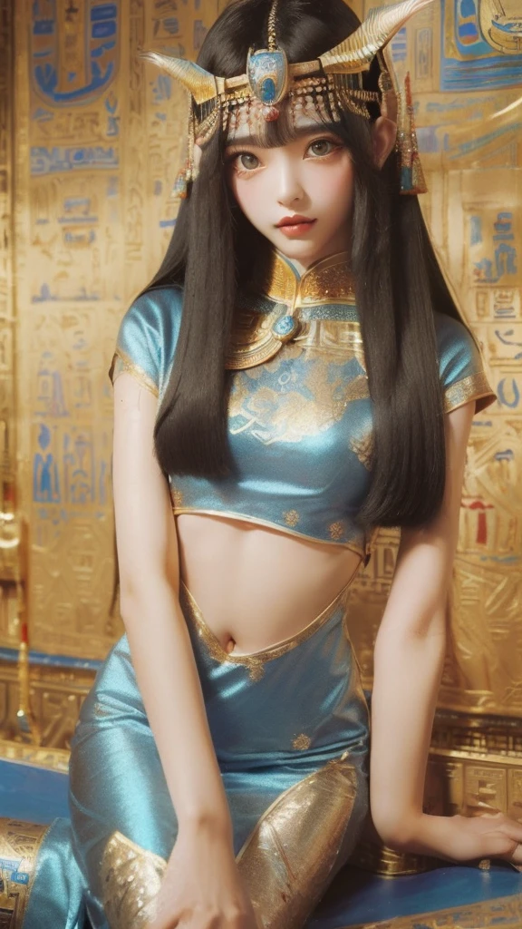 Korean female as a beautiful Queen Cleopatra Egyptian woman, Beautiful green eyes, seducing smile, provocative pose, (Glossy Egyptian ornaments, (top-quality、8K、32K、​masterpiece), high resolution, ((traditional Egyptian bangs and fringe hairstyle)), black hair with heavy bangs on the forehead, (cowboy shot), depth of field, cinematic lighting effect, supermodel body, caramel skin shiny with oil and sweat, ((Egyptian sorceress)), ((wearing insanely detailed blue and gold ancient Egyptian sorceress outfit)), ((ornate blue and gold Egyptian headdress)), interior of ancient Egyptian palace, NSFW