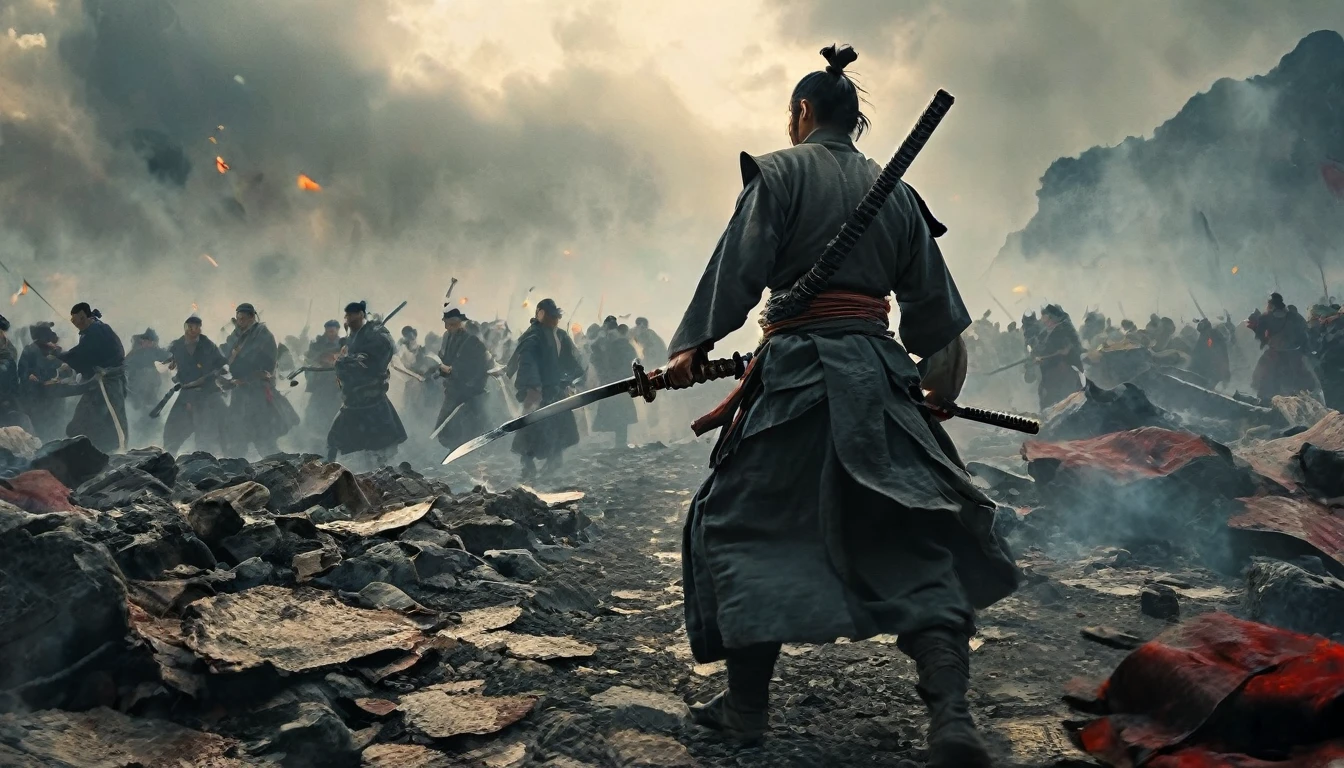 A samurai standing showing his back holding sword in his hand and the background is full of Chaos and war the atmosphere is tensed cinematic