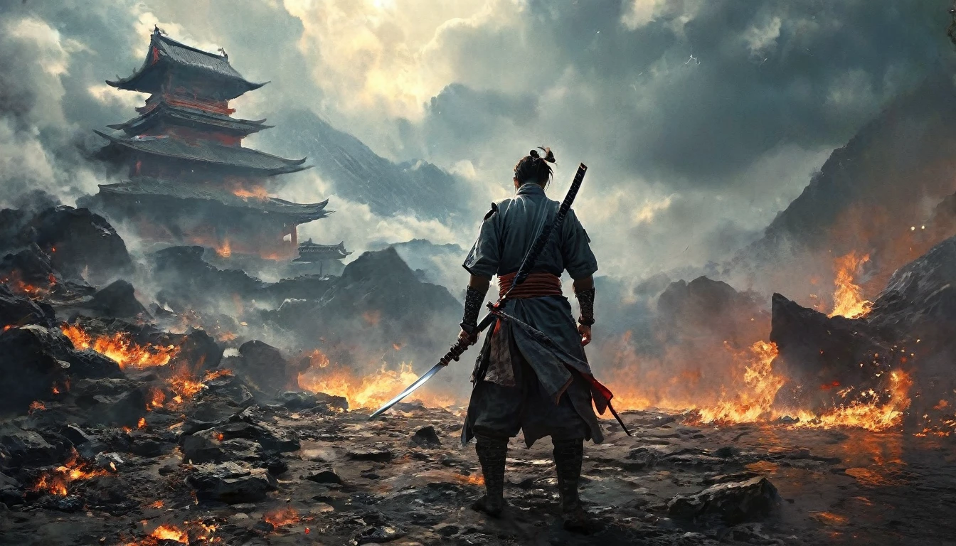 A samurai standing showing his back holding sword in his hand and the background is full of Chaos and war the atmosphere is tensed cinematic