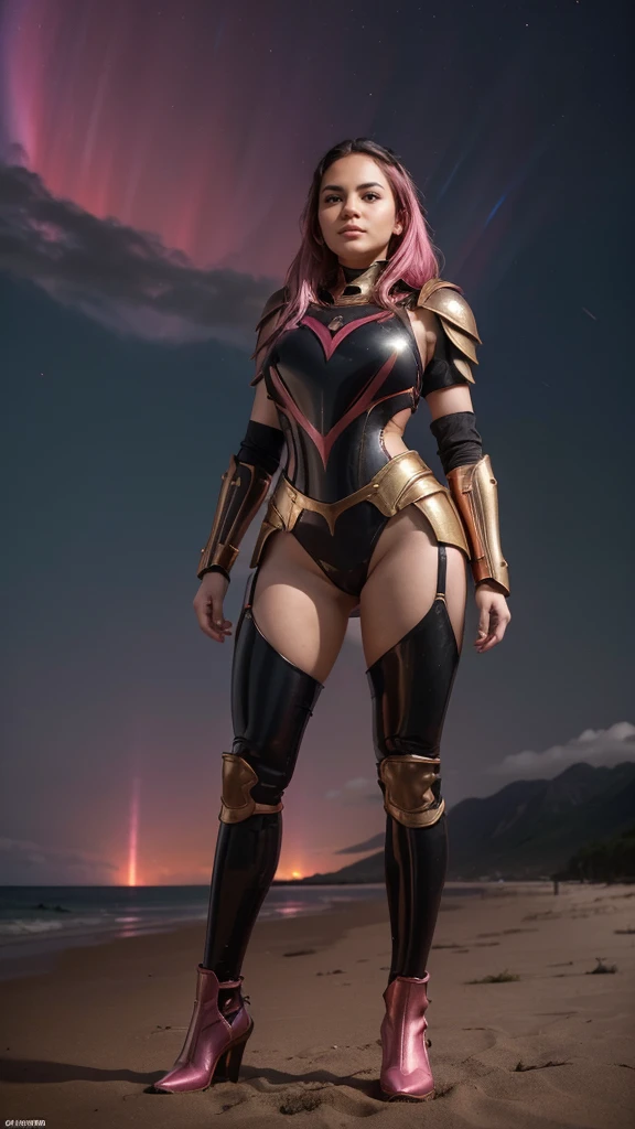 ((best quality)), ((masterpiece)), (ultra detailed lights), ((full body shot)), indonesian girl, extremely beautiful, ultra face details, 20 years old, ((pink curvy-hair)), ((hair blown by strong winds :1.3)), Award-winning photograph, photography of a teen girl, slim face, extremely beautiful, ultra details armor, ultra details skin, sharp armor texture, crisp picture, ((full make ups)), ((pink blushing)), ((red lips)), ((wearing tight steel-armor)), ((full body armor)), ((tight latex panty)), ((thighs armor)), ((slim body shape)), ((24k-gold and black armor)), no head cover, ((symmetrical body pose)), model posing in the middle, night at beach, full of stars, red clouds, nebula, ((aurora Borealis)), shooting stars, from below
