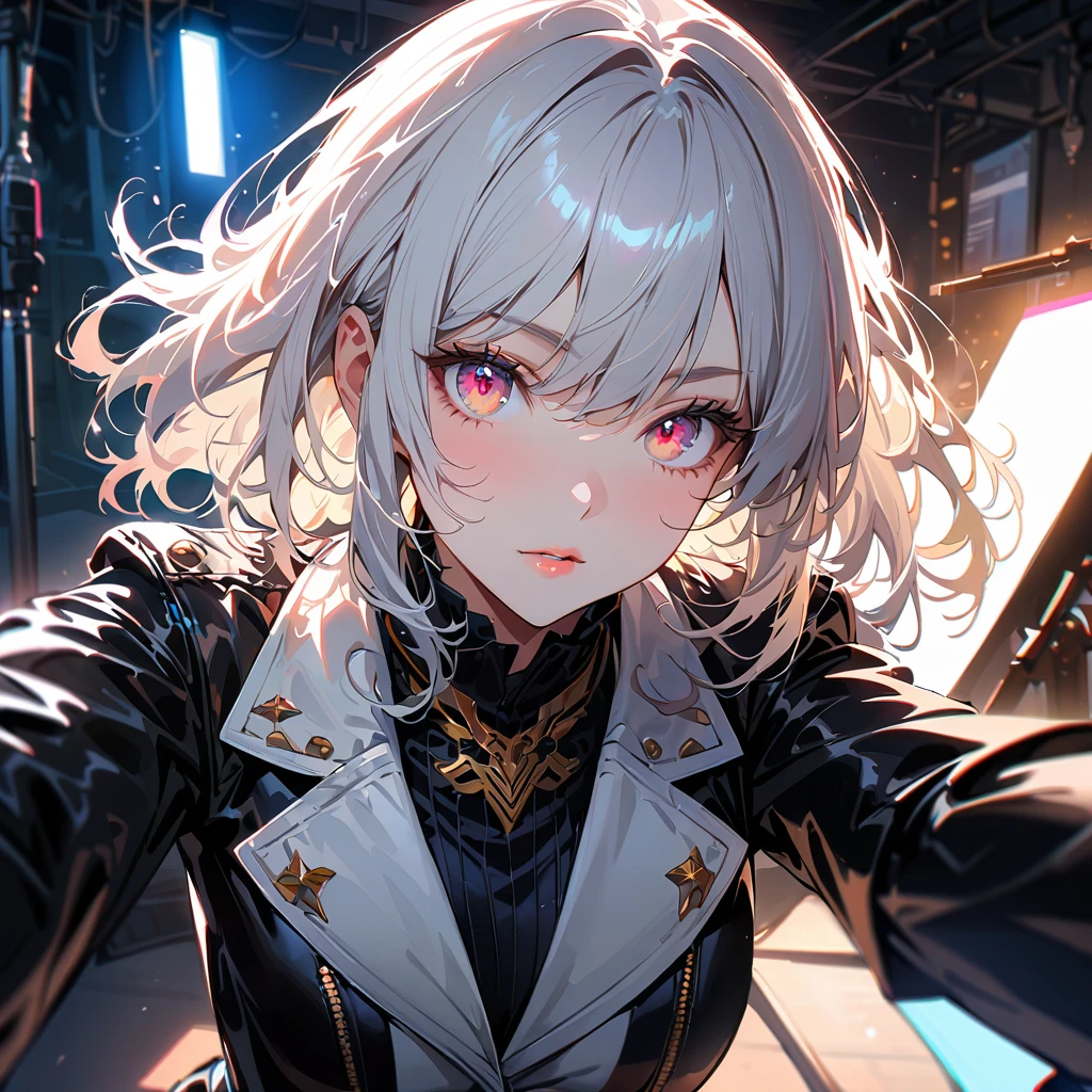 (best quality:1.2), 1 girl, white hair, white vest, black leather pants，black leather jacket, Beautiful and delicate eyes, Beautiful and delicate lips, Extremely detailed eyes and face, long eyelashes, bright colors, professional, Super detailed, actual, studio lighting, Physically based rendering，holding RPA 308 ，Aim at you