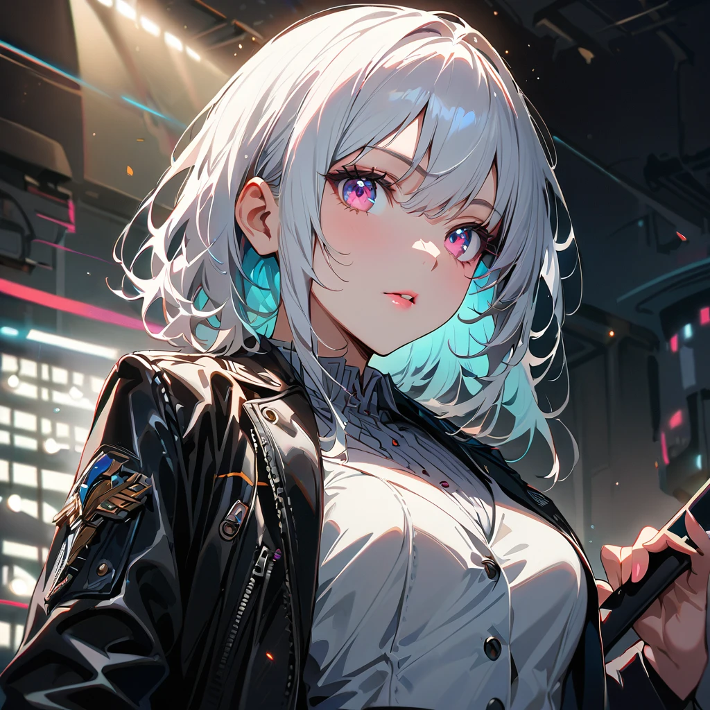 (best quality:1.2), 1 girl, white hair, white vest, black leather pants，black leather jacket, Beautiful and delicate eyes, Beautiful and delicate lips, Extremely detailed eyes and face, long eyelashes, bright colors, professional, Super detailed, actual, studio lighting, Physically based rendering，holding RPA 308 ，Aim at you