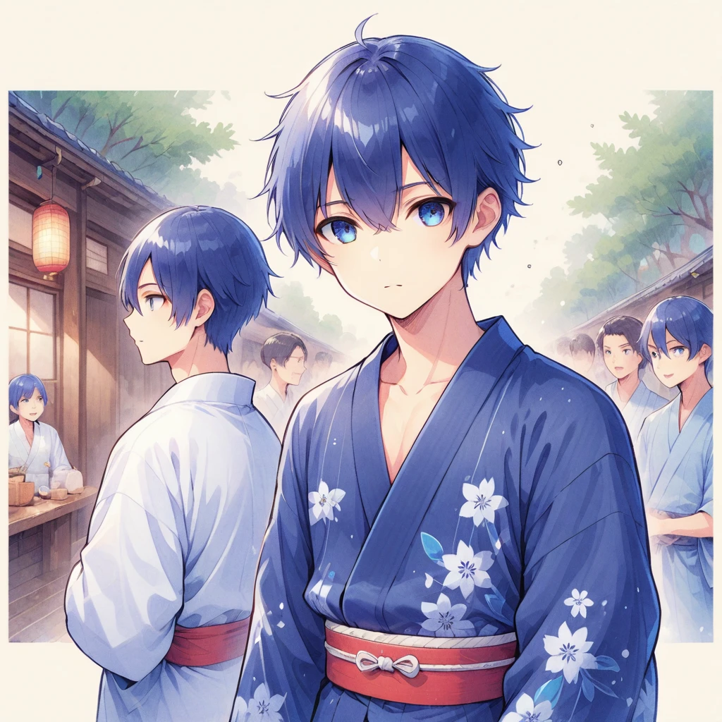 Navy Blue Hair,Dark blue eyes,mash,yukata,boy