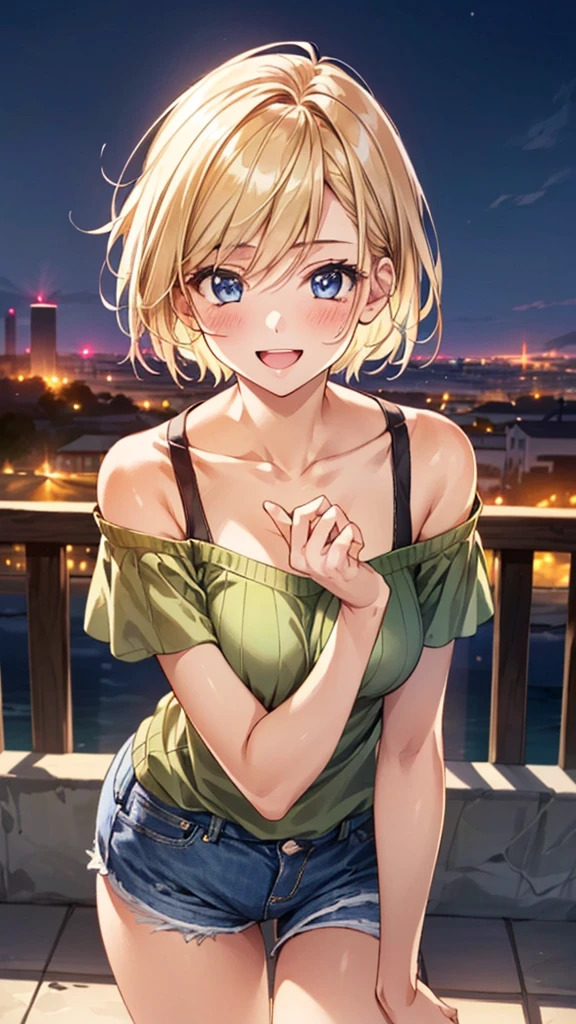 (masterpiece:1.3, Highest quality, Ultra-high resolution, Super detailed), (Realistic:1.1, photoRealistic:1.4), Beautiful illustrations, Perfect lighting, colorful, Depth of written boundary, 
Beautiful detailed hair, Beautifully detailed face, Beautiful attention to detail, Beautiful clavicle, Beautiful body, Beautiful breasts, Beautiful thighs, Beautiful feet, Beautiful fingers, 
View your viewers, 1 girl, Japanese, high school girl, Perfect Face, (Perfect ???????, Anatomically correct), Cute and symmetrical face, Baby Face, Sunburn, Glowing Skin, 
(short hair:1.5, Bobcut:1.2, Ash Blonde Hair), Hair between the eyes, blue eyes, Long eyelashes, (Medium chest), thin, 
(Short-sleeved off-shoulder yellow-green sweater, Black tank top, Denim shorts rolled up),　
(Beautiful views), evening, (Outdoor, distant cityscape), Are standing, Cute pose, (Cute smile, Upward glance, Open your mouth), ;d