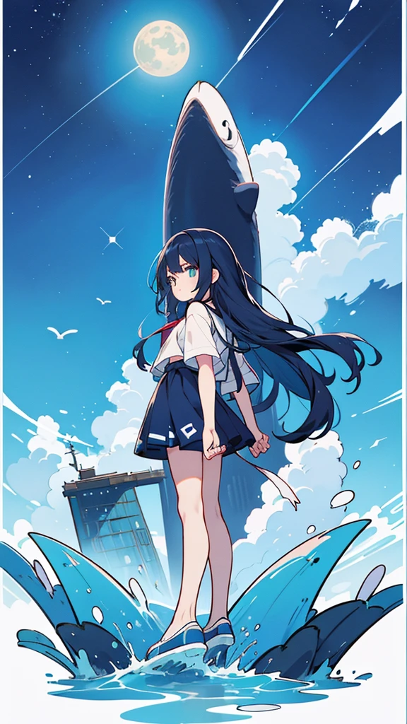 Blue-haired long hair，Design clothing，Seven-doppelganger shot，Anime style 4K，Anime girl with teal hair，High quality anime art style，Standing painting，Splash ink background，Blue Themes、Pure white background,Buildings,Face close-up,Buildings,Moon and sun、giant whale,Shining Star々,milky way,Bright Sky,Looking at me,Facing forward,Clear eyes and nose,cute,beautiful,Thin legs,Black Hair