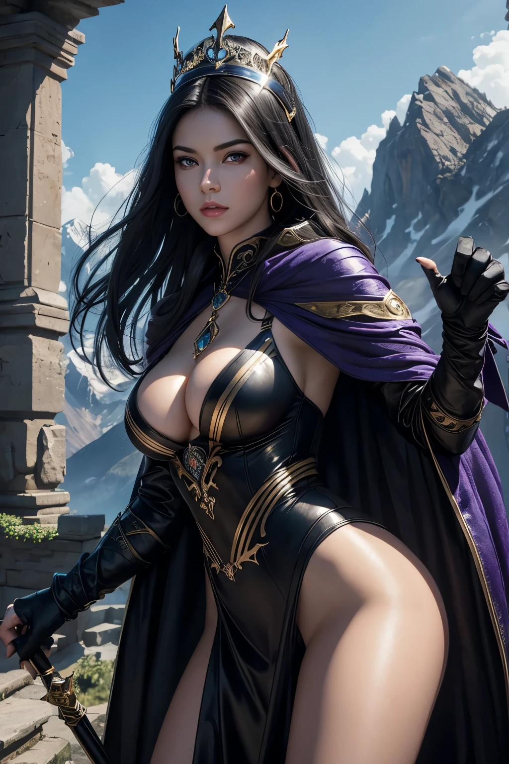 8k,Photorealistic　RAW Photos　Highest quality;1.4) 　(1 adult female)　Super Beauty　(A vivid face),Look at your face　long blue-black hair　The phantom empress with glowing purple eyes　Black and silver aristocratic big breast look　Luxurious black robe,　Golden decoration　Glare　Big black and gold walking stick,　Wearing black leather gloves　Remains　Gwaitz Style　purple rouge　Realistic　Exact details,Beautiful expression　Details of each part　Ultra-high resolution　超Realistic　Charm　Instep　Realistic Skin　Fantasy Queen　An inviting gaze　Emphasize cleavage,,Compensate,masterpiece,Highest qualityのPhotorealisticなRAW Photos。Bright colors,Rich colors, Backlight, Cinema Lighting, Film Grain, 50mm lens, Nikon D850,Detailed character art,Fantasy art,Ultra-high resolution,Ultra-Realistic Skin,Perfect hand shape,Muscular Beauty,Dynamic fighting pose,In the mountains,Devil's Makeup,A big magic circle behind(Purple effect),