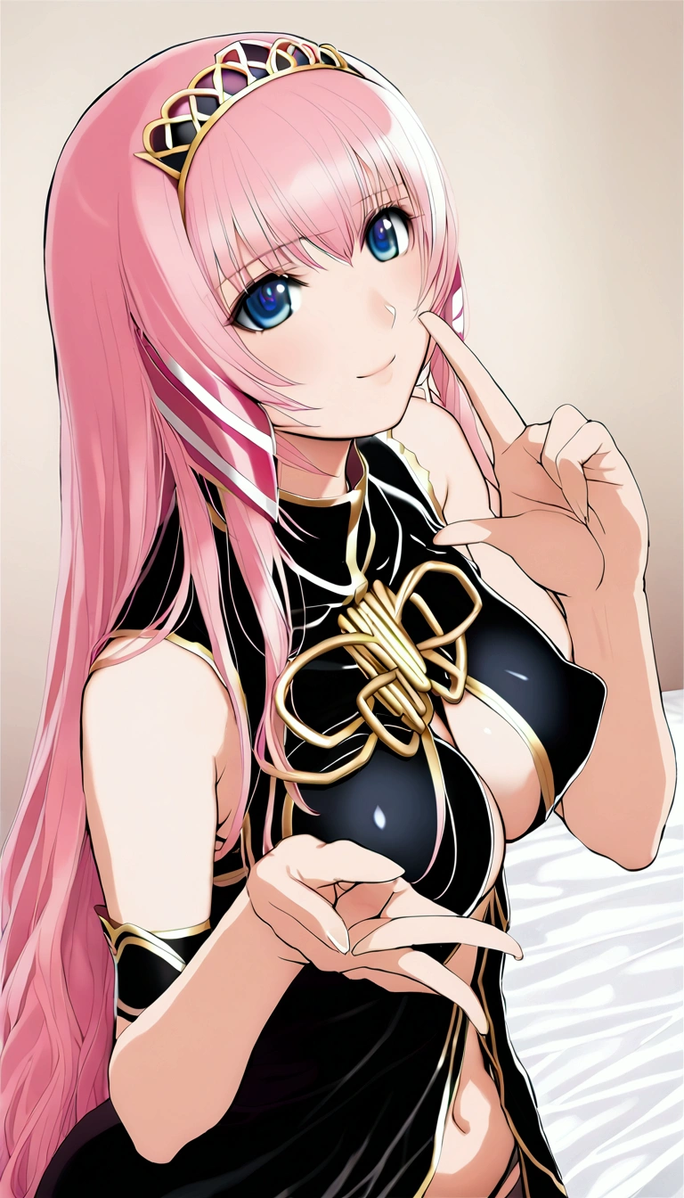 masterpiece,Beautiful adult woman ,Megurine Luka,E cup breasts,Pink long hair,blue eyes,Megurine Luka's official costume,Black costume,Gold decoration,smile,front,Making a Heart with Fingers,Bedroom,
