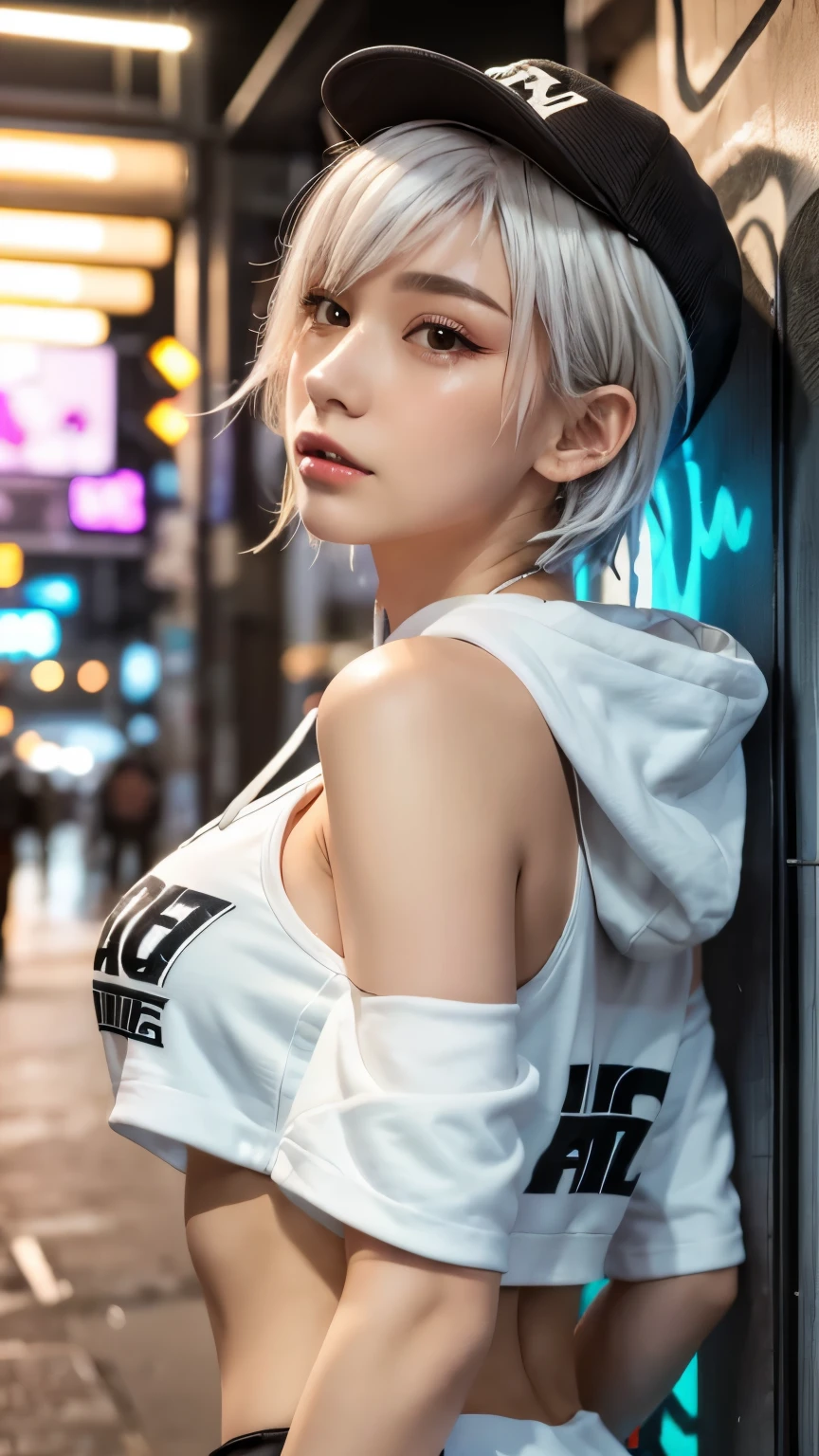 masterpiece, Highest quality, Very detailed, 8k, Realistic, One Girl, alone, Tomboy, Very detailed face, (head shot:1.5), Standing in front of a wall covered in hip hop graffiti, Cyberpunk neon cityscape,Pixie cut white hair, She is wearing a short neon tank top and an open hoodie....,I can see your chest,Nice ass,Wear a New Era cap