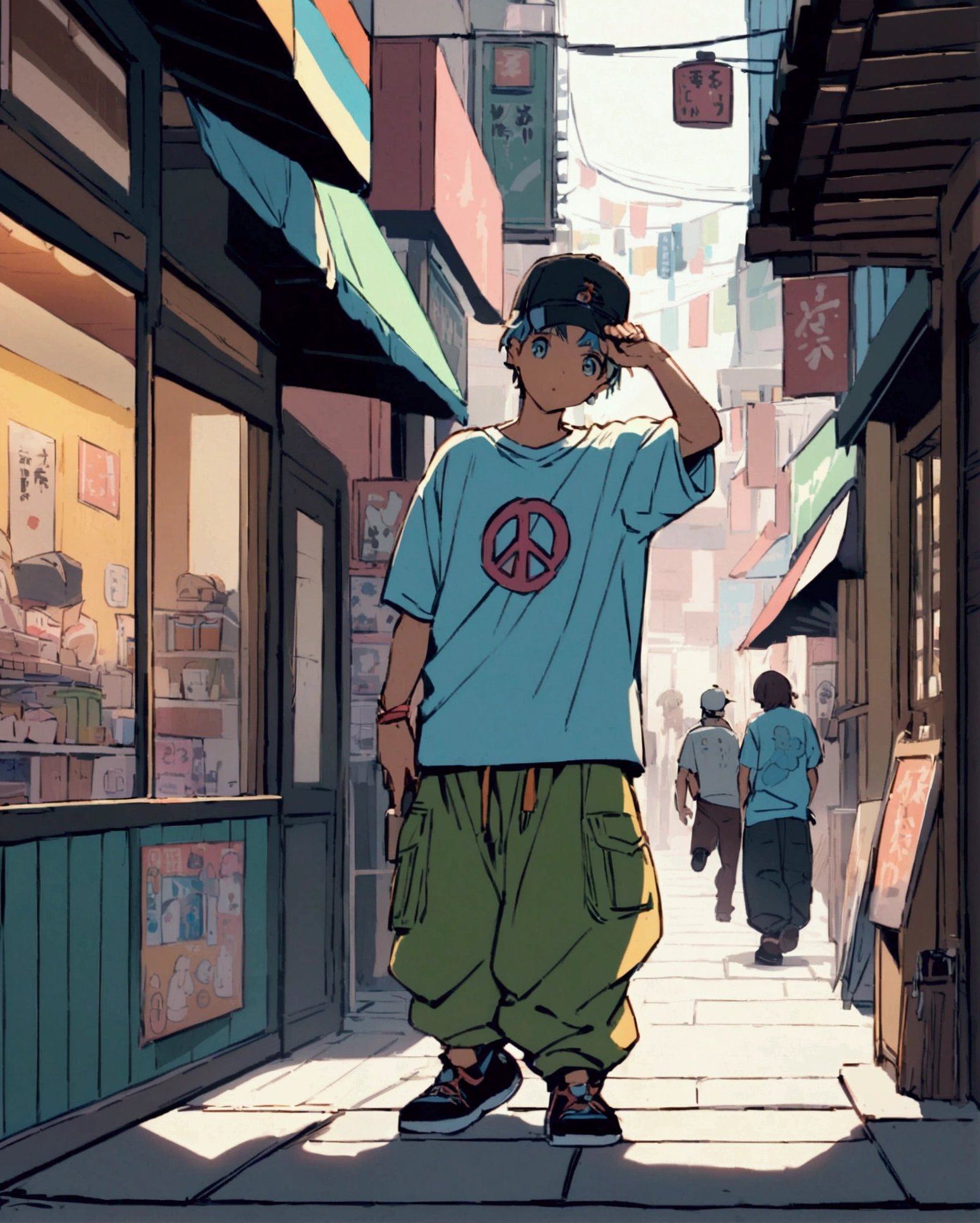 Create a detailed anime illustration of a boy with short hair standing on a vibrant, bustling urban street. He should be dressed in casual streetwear: a baseball cap, baggy pants, and a graphic t-shirt. The boy is holding up a peace sign with his right hand, his expression calm and slightly neutral. Use a two-tone pastel background to highlight the modern street scene, featuring various signs in Japanese, colorful storefronts, and a generally busy atmosphere.