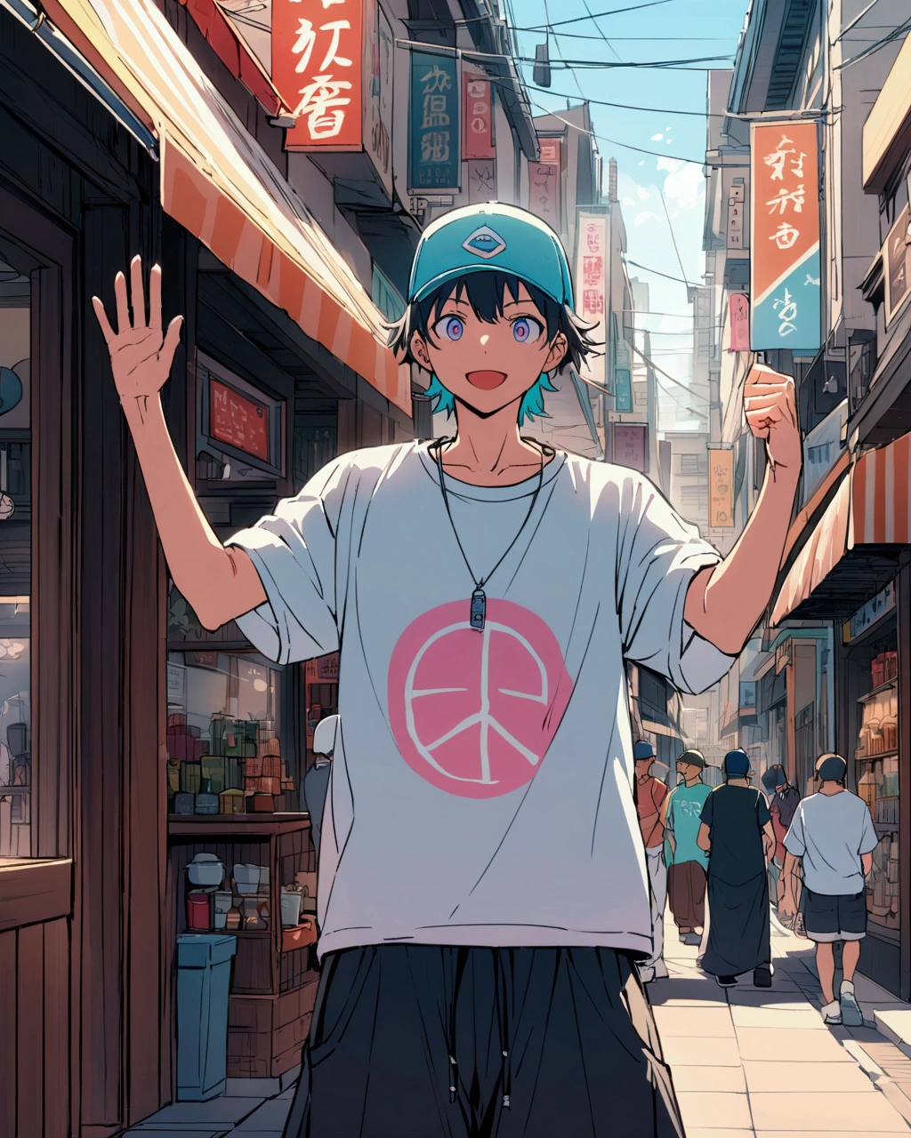 Create a detailed anime illustration of a boy with short hair standing on a vibrant, bustling urban street. He should be dressed in casual streetwear: a baseball cap, baggy pants, and a graphic t-shirt. The boy is holding up a peace sign with his right hand, his expression calm and slightly neutral. Use a two-tone pastel background to highlight the modern street scene, featuring various signs in Japanese, colorful storefronts, and a generally busy atmosphere.