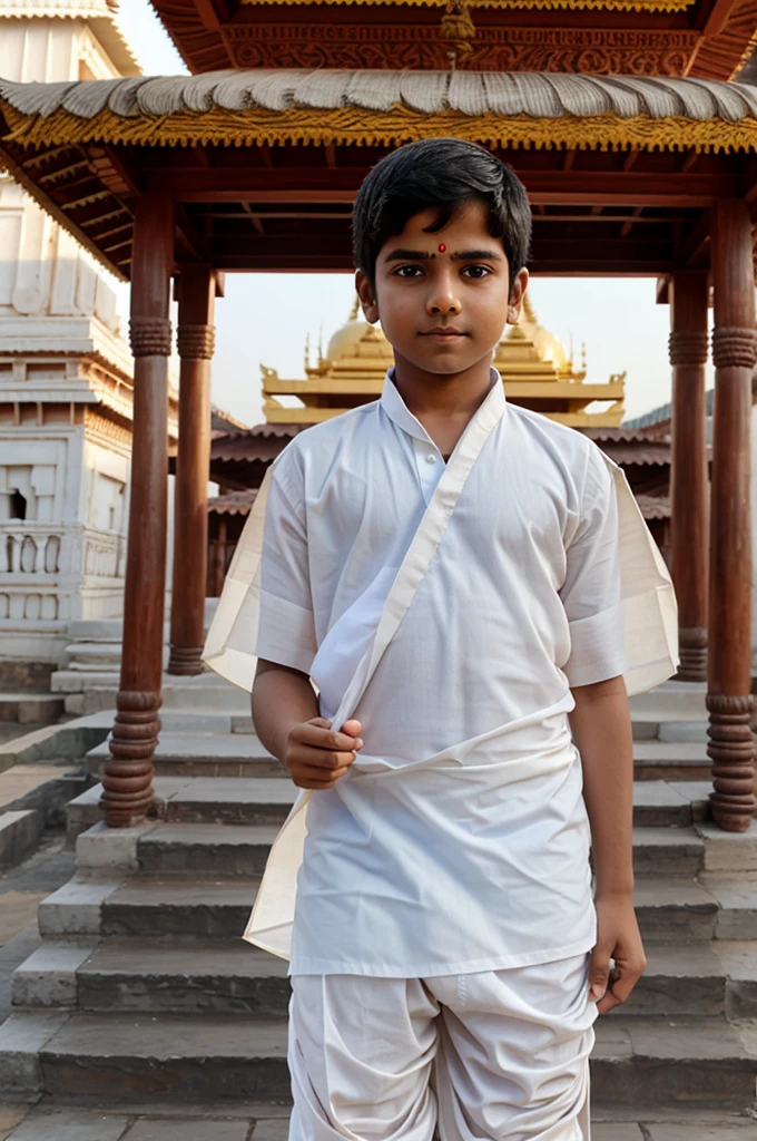 A jain boy wearing dhoti dupatta behind temple background pointing a blank paper in hand