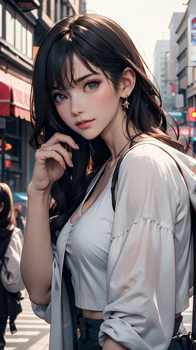 masterpiece, Female 4, dynamic, K-Pop Idols, Promotional Photos, Raise your hand, shout, kiss, Bring your face closer, Downtown, Hustle, Striking eyes, Fine skin, Confident(lol), Bird's-eye view, squint, squint, squint, High resolution, Professional photos, Street Corner, share, pink, See-through bra, String Bikini, Spotlight, Rock singer, Rainbow Hair,, belly button, Straight hair, Put your hands in your pockets, Headphones, Long Hair, tattoo、24-year-old female、Sexy proportions、Sexy breasts、Narrow waist、Long eyelashes