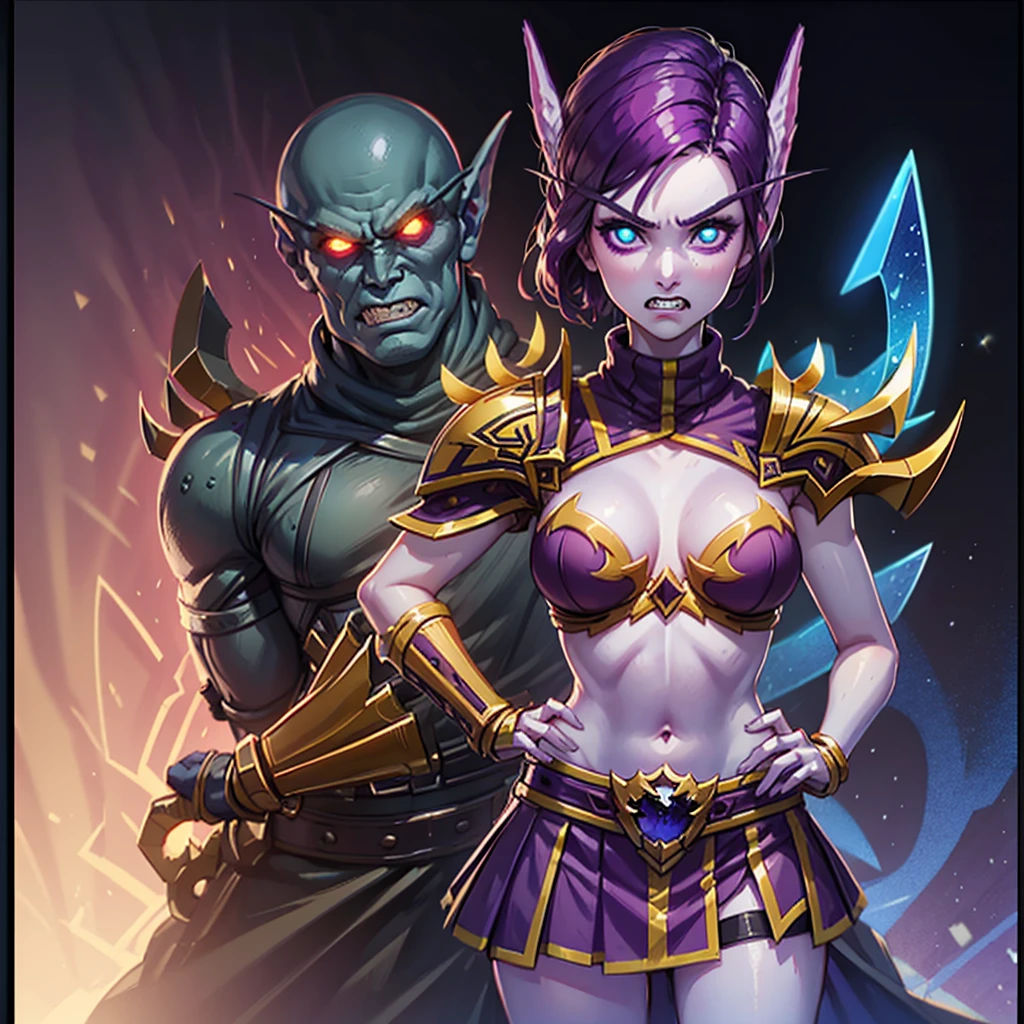 (1girl, purple hair, short hair, spiral eyes, angry, clenched teeth) (digital) (looking at viewer) (upper body) (standing), (Dark Purple Sparkling Forest background), (short skirt)) , best quality, pointy ears, colored skin, blue skin, glowing, cleavage, armor, Purple armor, gold trim, navel, voidelf, twoheads, conjoined_dicephalus, 