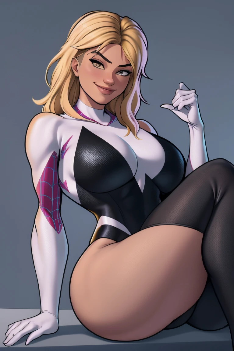 
spiderwoman , long hair, looking at viewer, adult, blond hair hair, yellow eyes, smile, , bangs, breasts, simple background, fang, bare shoulders, scar, bare shoulders, closed mouth, hair over one eye, portrait, hair over shoulder, legs, seductive, spidergwen full costume, highly detailed face, detailed eyes, best quality, masterpiece, ultra detail, ultra high res, extreme detail, 8k, uhd, voluptuous, curvy, thick thighs, frontal, full body, city