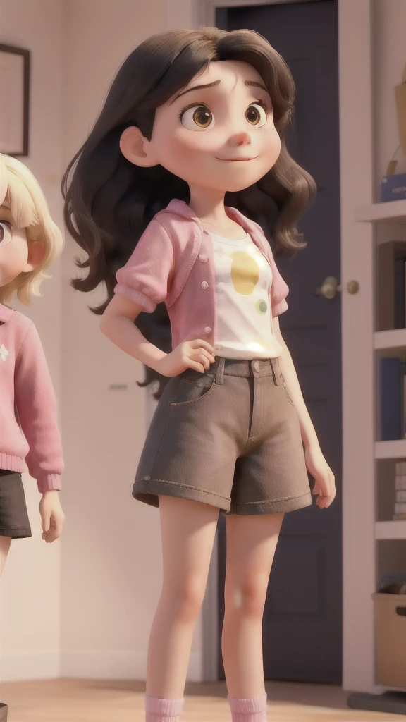 2 girls, English, 12 years old, arms back, 3/4 shot, long black hair, English, 10 anos de idade, pink clothes, blond short hair, realisitic, best qualityer, instagramart