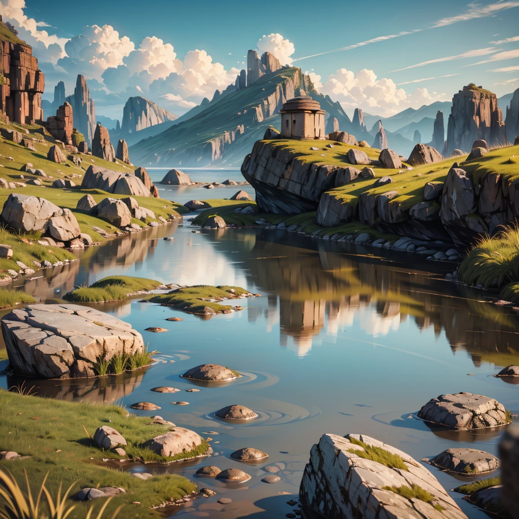 large rusty cylindrical piece on a rocky area with grass, puddles, Stones, beautiful sky and rocks in the distance, post apocalypse