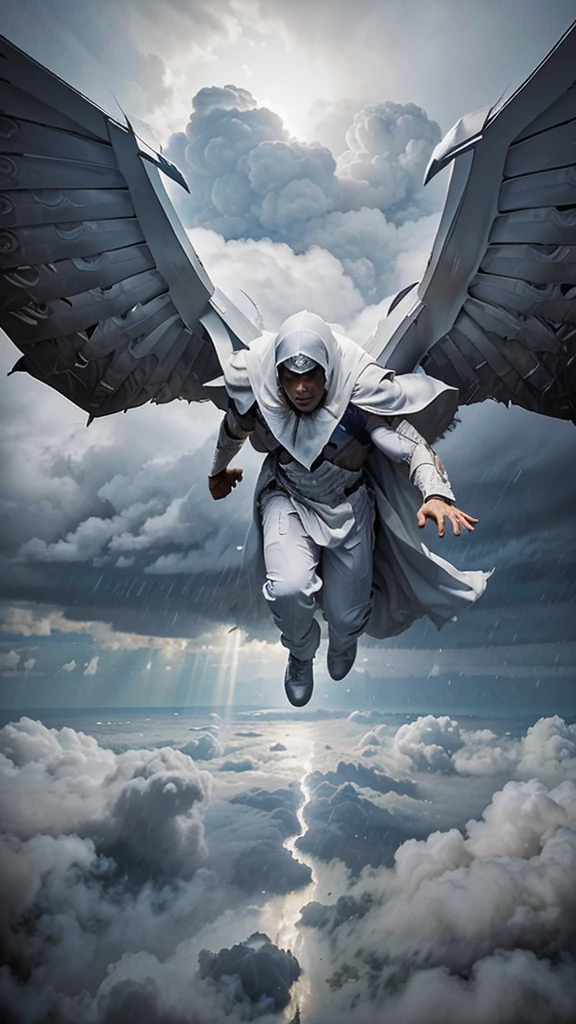 A maskulin man, wear white long cloak, covering his head, flying above the cloud. He has very massive wings. Storm and rainy background. Godlike form.