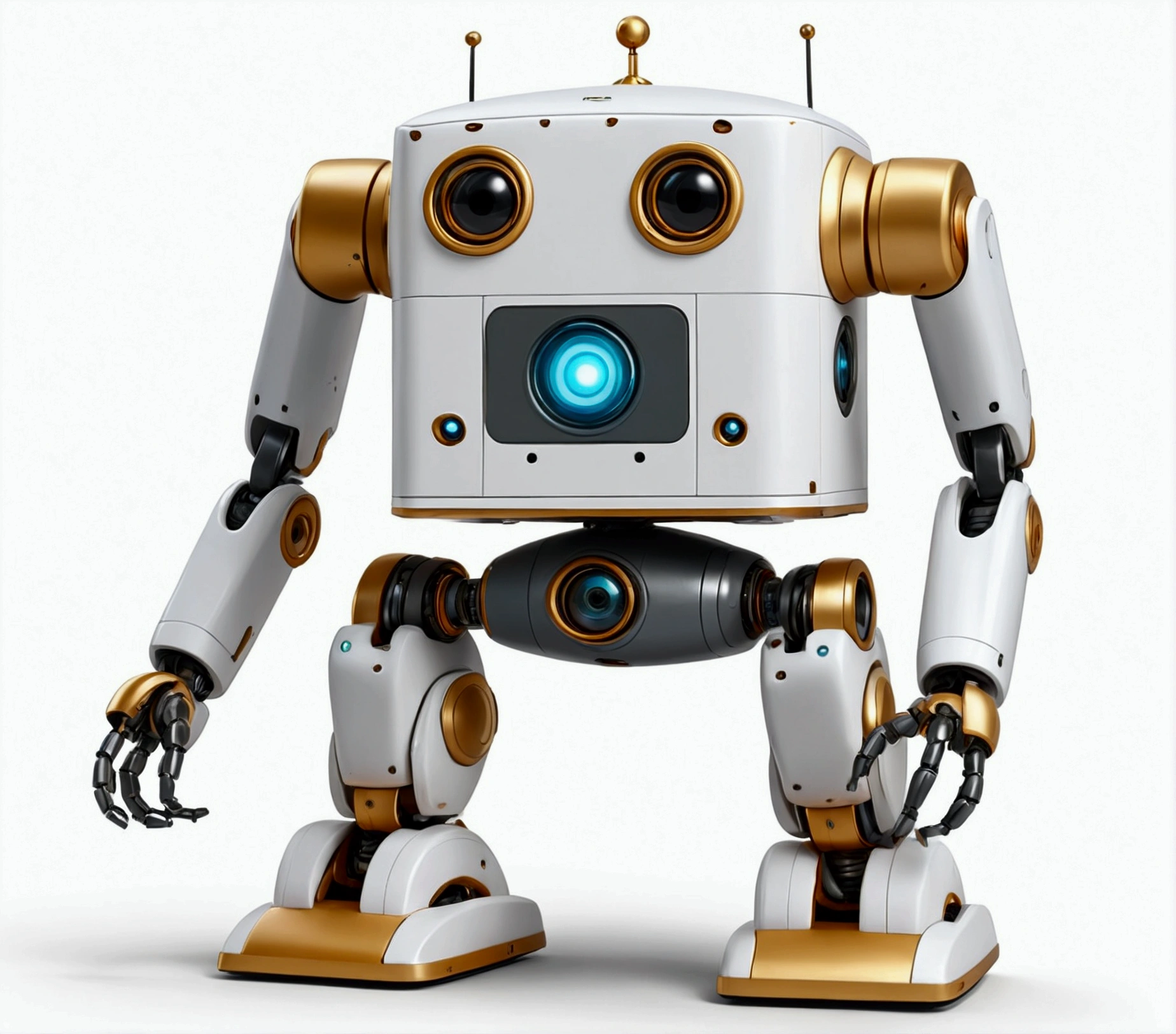 small tender robot like wally-e , short legs, reactangular rectangular head with eyes (front, side, back views of the same character) , white background