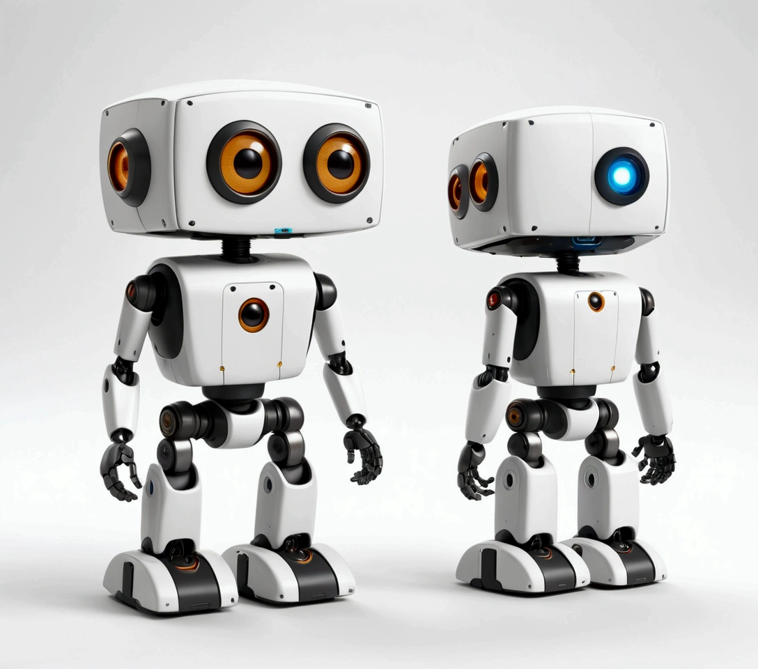 small tender robot like wally-e , short legs, reactangular rectangular head with eyes (front, side, back views of the same character) , white background