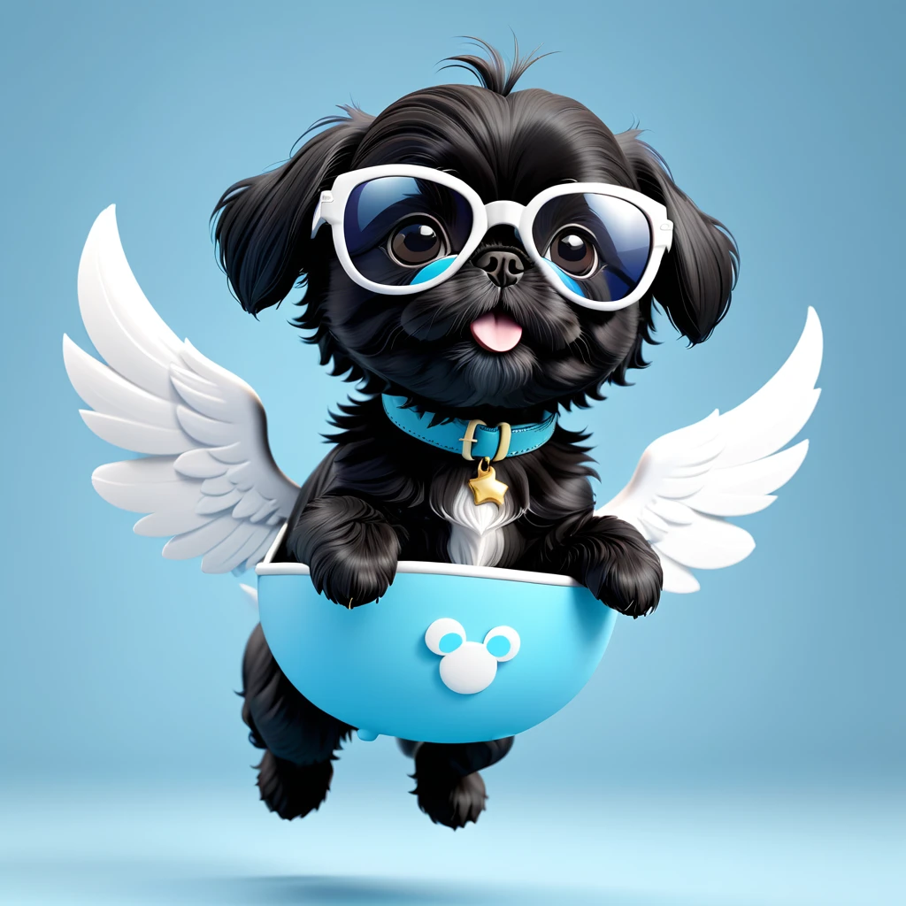 2 Adorable small black Shih Tzu puppies wearing white sunglasses flying 3d cartoon 3d render disney pixar style