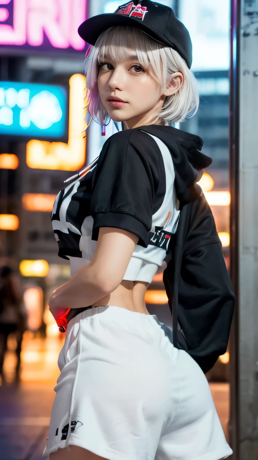 masterpiece, Highest quality, Very detailed, 8k, Realistic, One Girl, alone, Tomboy, Very detailed face, (head shot:1.5), Standing in front of a wall covered in hip hop graffiti, Cyberpunk neon cityscape,Pixie cut white hair, She is wearing a short neon tank top and an open hoodie....,I can see your chest,Nice ass,Wear a New Era cap