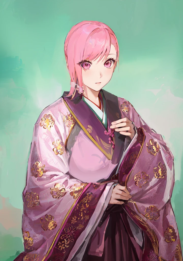 Pink Hair、Anime girl in purple dress，, Sakura Haruno, ((Wearing noble robes)), Goto Indian Summer, Sakura Haruno, Produced in collaboration with Anime Painter Studio, Inspired by Nishikawa Sukenobu, Glorious Makami, inspired by Eizan Kikukawa, Wearing Kimono, Yaoi Haruma, Wearing Kimono，big ，huge ，sex body，Three Kingdoms，Dynasty Warriors，Chinese style，Hanfu，Huge Breasts，Pink Eyes，Pink Hair，A bit sinister look，Cunning girl