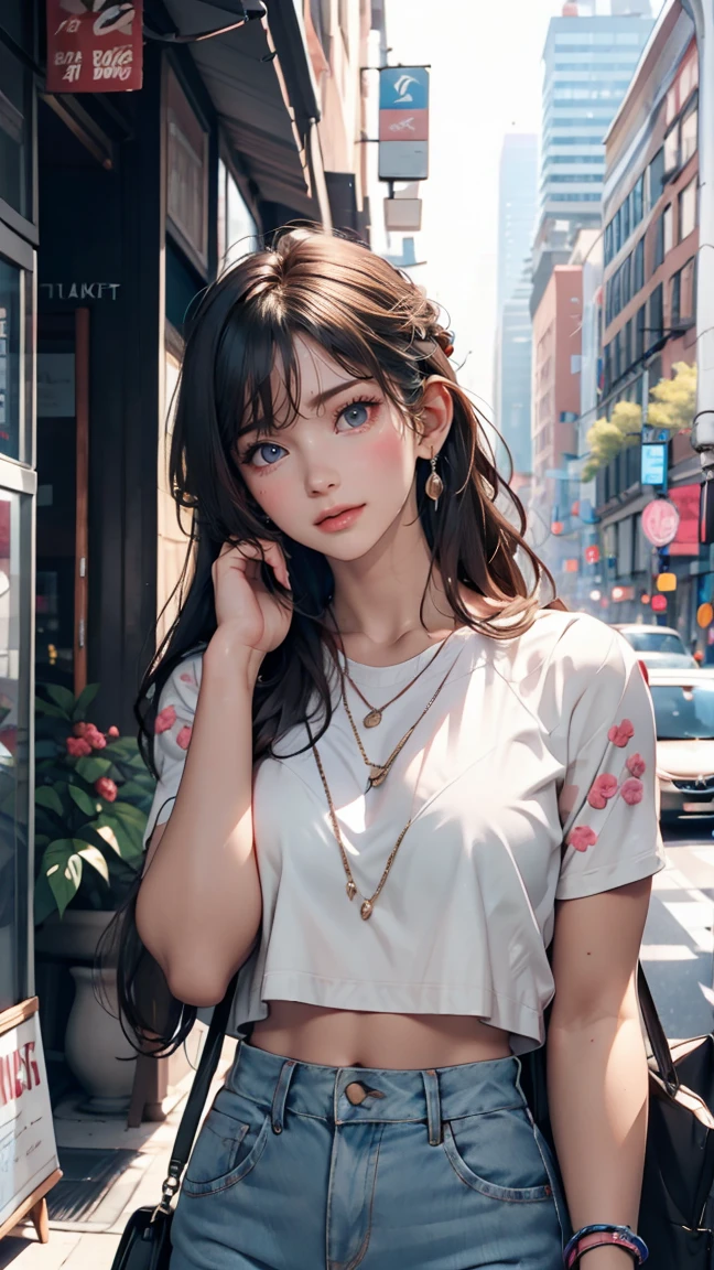 masterpiece, Female 4, dynamic, K-Pop Idols, Promotional Photos, Raise your hand, shout, kiss, Bring your face closer, Downtown, Hustle, Striking eyes, Fine skin, Confident(lol), Bird's-eye view, squint, squint, squint, High resolution, Professional photos, Street Corner, share, pink, See-through bra, String Bikini, Spotlight, Rock singer, Rainbow Hair,, belly button, Straight hair, Put your hands in your pockets, Headphones, Long Hair, tattoo、24-year-old female、Sexy proportions、Sexy breasts、Narrow waist、Long eyelashes