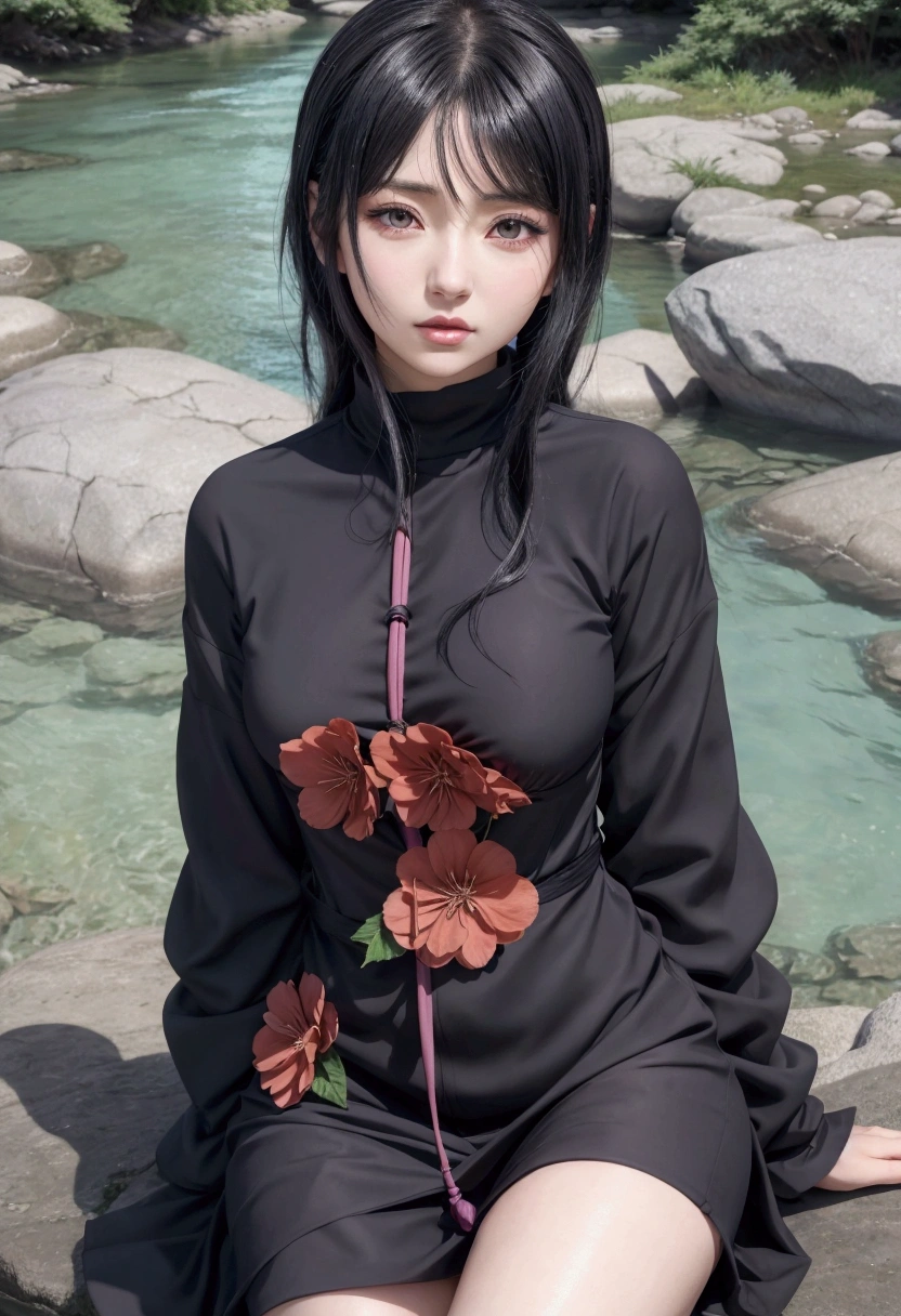 anime girl sitting on a rock by a river with a flower in her hair, hinata hyuga, akatsuki akira, misato katsuragi, inspired by Asai Chū, hinata hyuga from naruto, sasoura, inspired by Rei Kamoi, as an anime character, fubuki, official art