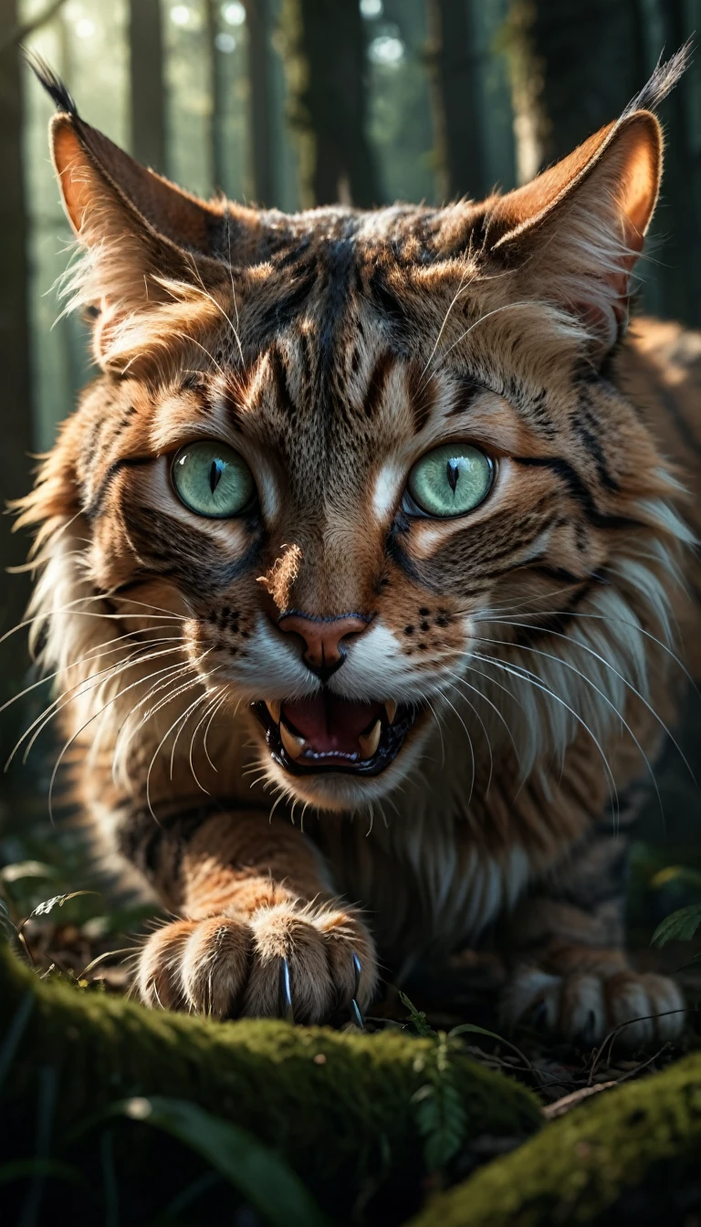a massive, gigantic cat, extremely detailed, high quality, photorealistic, beautiful detailed eyes, beautiful detailed nose, beautiful detailed mouth, longeyelashes, majestic feline, hunting small human figures, incredibly detailed fur, sharp claws, intense predatory gaze, lush forest background, dramatic lighting, cinematic composition, vivid colors, intricate details