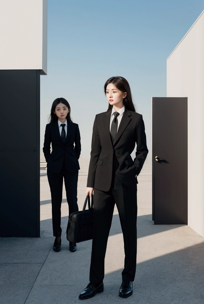 there are two people standing next to each other in a city, office clothes, work clothes, business clothes, uniform plain sky, working clothes, plain uniform sky, black main color, official product image, wearing causal black suits, jk uniform, wearing a shirt with a tie, wearing a black noble suit, formal business suit, magic uniform university, stylish, uniform, no text, no logo