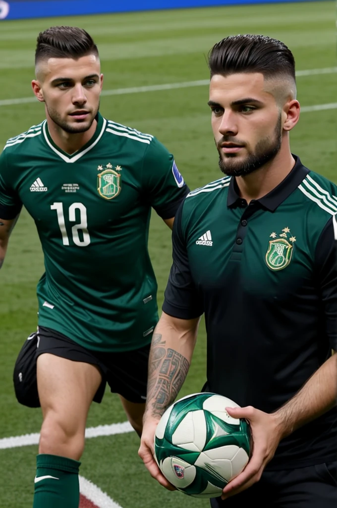 I want a 25 year old young man, Very handsome, with mohawk haircut, with well defined beard, with striking emerald green eyes, chatting with Ancelotti in a football stadium 