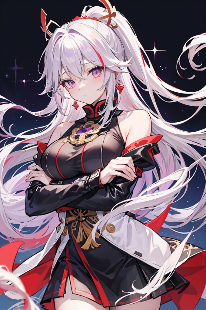 Prinz Eugen、Yae Miko、
(Right eye is yellow、Purple left eye)、
Highest quality、Highly refined、Super detailed、Sparkling Eyes、
Ultra-high resolution、Ultra HD、masterpiece、Detailed hands、
One woman、Only one person、solo、
(uniform)、Slit leather skirt、
Long coat、Sleeves of priestess clothes、
Leather clothing、
Ahoge、messy hair、Super long hair、
ponytail、
Saggy breasts、Long Breasts、Huge Tits、
Cross your arms、