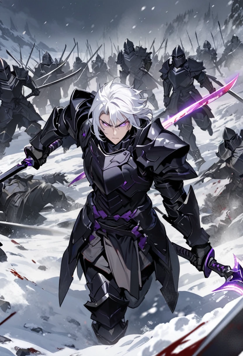 (masterpiece), (highest quality), middle aged male stoic knight with glowing purple eyes and short white hair, obsidian black armor, dual wielding swords of different sizes each inscribed with runes, snow, blood, battlefield,