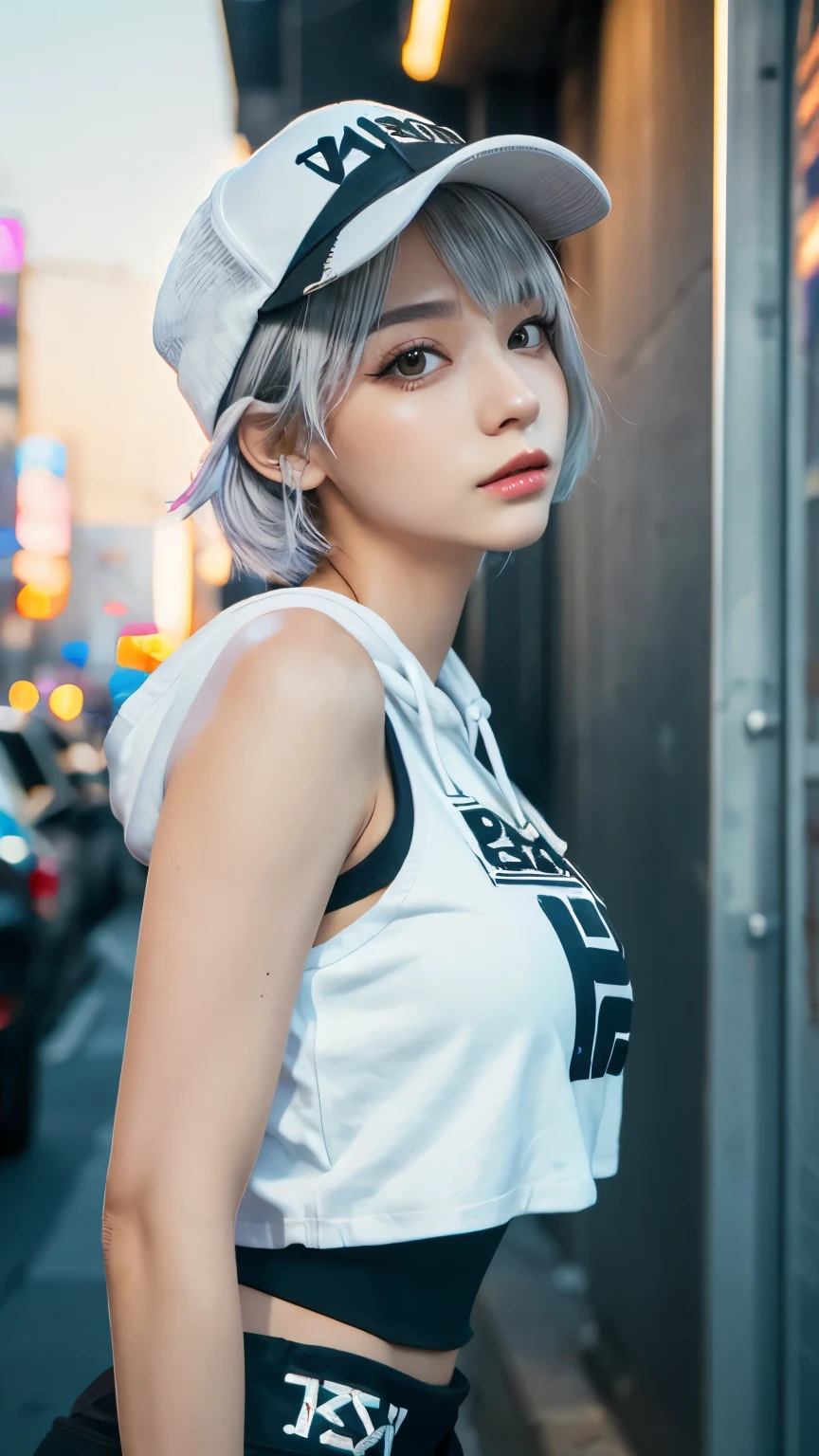 masterpiece, Highest quality, Very detailed, 8k, Realistic, One Girl, alone, Tomboy, Very detailed face, (head shot:1.5), Standing in front of a wall covered in hip hop graffiti, Cyberpunk neon cityscape,Pixie cut white hair, She is wearing a short neon tank top and an open hoodie....,I can see your chest,Nice ass,Wear a New Era cap