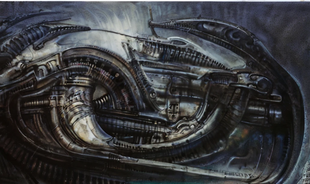 xgiger, The image is a detailed view of H.R. Giger's biomechanical tableau \" LANDSCAPE No 312 \" plate, featuring
a complex, intricate, and detailed design of endless Machine in the transit space over the cascade of fallen water, that appears to be a fusion of organic and mechanical elements, with a focus on the interplay between the two.The piece is a tableau, most likely created with a India ink pen or pencil on paper, determined by the thin lines, shading techniques, and the texture of the paper, which is visible around the edges.
Used is pen, given the shading and variations in line weight visible in the image. Artist have used a variety of stylus with different degrees of hardness to achieve the shading effects.
 The use of undersaturated green-grays dark contrasts creates a stark and graphic look. Is used a variety of linework techniques to create different textures. Fine, parallel lines create a smooth, metallic texture,while thicker, more cursive lines suggest cables or wires.
Light source from the top highlights skeletals, pper part of foreground, lower part of image is in shadowupper part of foreground, lower part of image is in shadow.
The art performance showcases the artist’s skills in observation and rendering. The level of detail in the piece suggests a close study of real bone specimens and mechanics. The artist has skillfully used shading techniques to create a convincing illusion of three-dimensionality on a flat surface. The wrinkles and cracks in the surface, and the cast shadows with accuracy, used shading techniques to create a realistic depiction of light and shadow on the objects. This creates a sense of depth and dimension in the image. The artist has used careful linework to depict the contours and textures in the piece
Sharp focus on foreground elements illustration. Deep and delicate DOF. Big painting. Stored in Louvre masterpiece, ooze soaked pajama top
