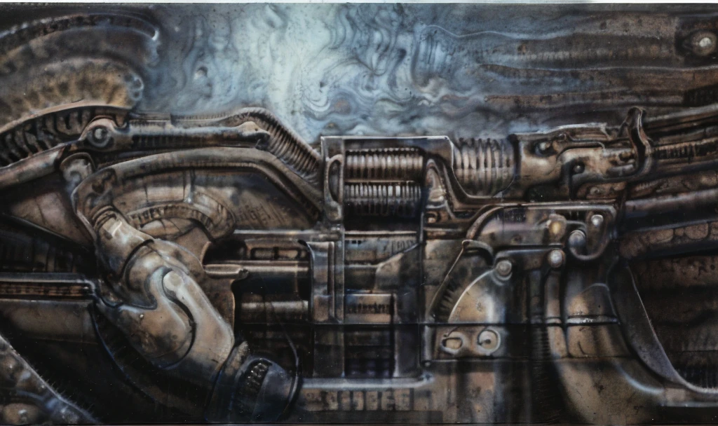 xgiger, The image is a detailed view of H.R. Giger's biomechanical tableau \" LANDSCAPE No 312 \" plate, featuring
a complex, intricate, and detailed design of endless Machine in the transit space over the cascade of fallen water, that appears to be a fusion of organic and mechanical elements, with a focus on the interplay between the two.The piece is a tableau, most likely created with a India ink pen or pencil on paper, determined by the thin lines, shading techniques, and the texture of the paper, which is visible around the edges.
Used is pen, given the shading and variations in line weight visible in the image. Artist have used a variety of stylus with different degrees of hardness to achieve the shading effects.
 The use of undersaturated green-grays dark contrasts creates a stark and graphic look. Is used a variety of linework techniques to create different textures. Fine, parallel lines create a smooth, metallic texture,while thicker, more cursive lines suggest cables or wires.
Light source from the top highlights skeletals, pper part of foreground, lower part of image is in shadowupper part of foreground, lower part of image is in shadow.
The art performance showcases the artist’s skills in observation and rendering. The level of detail in the piece suggests a close study of real bone specimens and mechanics. The artist has skillfully used shading techniques to create a convincing illusion of three-dimensionality on a flat surface. The wrinkles and cracks in the surface, and the cast shadows with accuracy, used shading techniques to create a realistic depiction of light and shadow on the objects. This creates a sense of depth and dimension in the image. The artist has used careful linework to depict the contours and textures in the piece
Sharp focus on foreground elements illustration. Deep and delicate DOF. Big painting. Stored in Louvre masterpiece, ooze soaked pajama top
