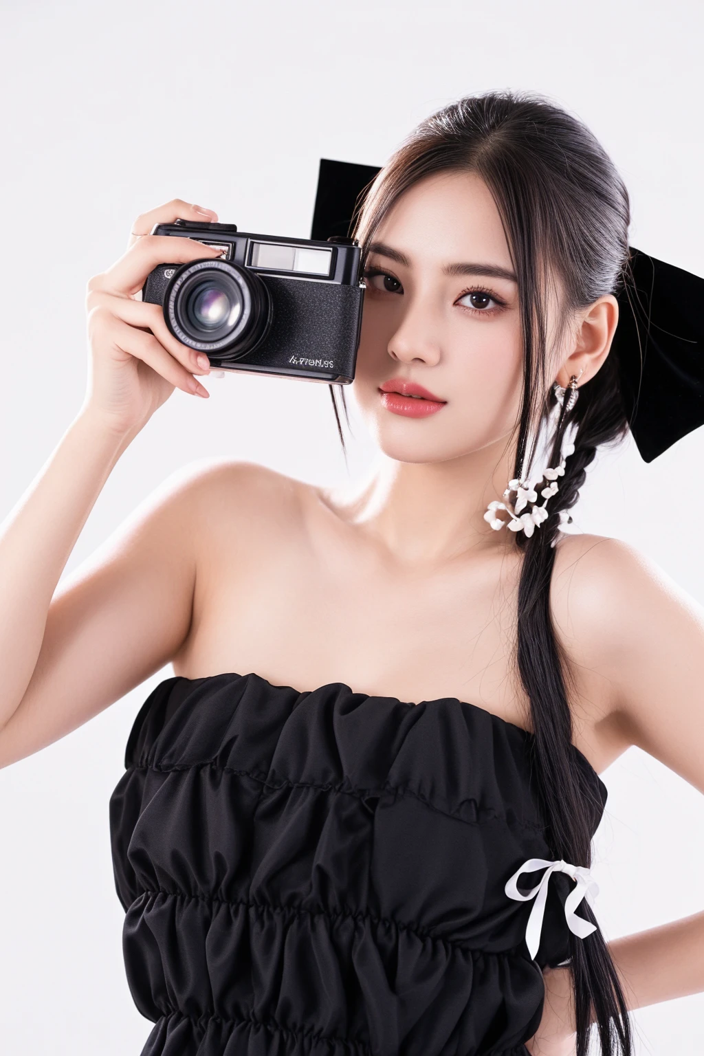 arafed woman in a black dress holding a camera and wearing a black bow, modeling photography, photography portrait, female photography, fashion model photography, camera looking up at her, photography portrait 4 k, model photography, professional model photography, posing elegantly over the camera, professional photoshooting, shot with a professional camera, studio photography dslr, looking to camera