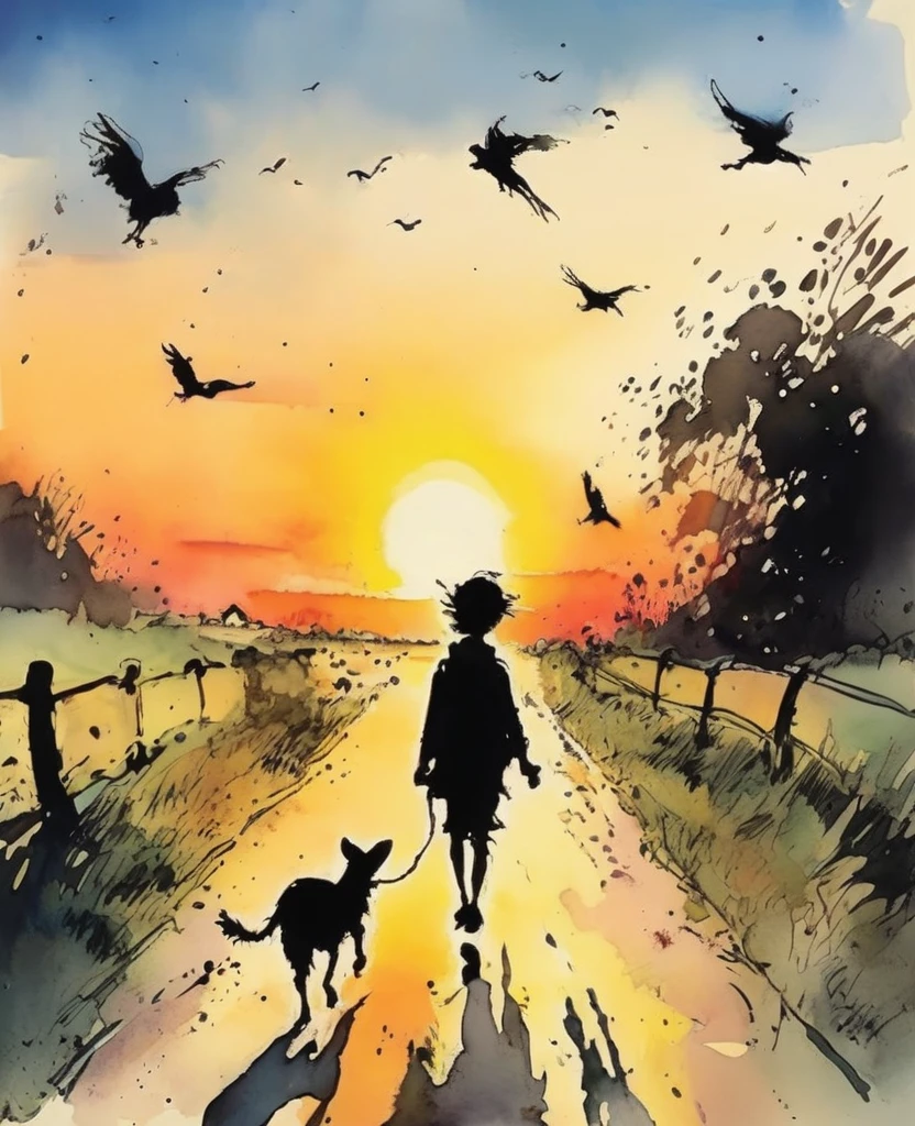 Quentin Blake style photo 、sunset、Animals、On the way home、Portraiture、High resolution、Shadow Stepping、Highest quality、masterpiece、Very detailed