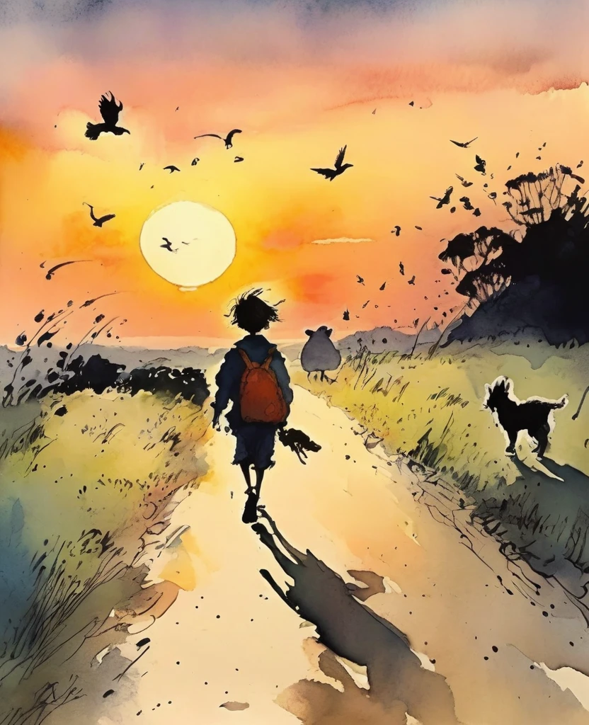 Quentin Blake style photo 、sunset、Animals、On the way home、Portraiture、High resolution、Shadow Stepping、Highest quality、masterpiece、Very detailed