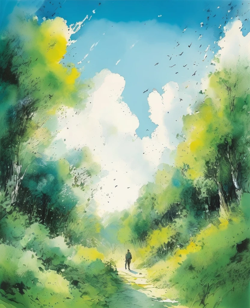Quentin Blake style photo 、The morning when the sky was so blue that the white clouds disappeared、Portraiture、High resolution、The green forest shines white、Highest quality、masterpiece、Very detailed