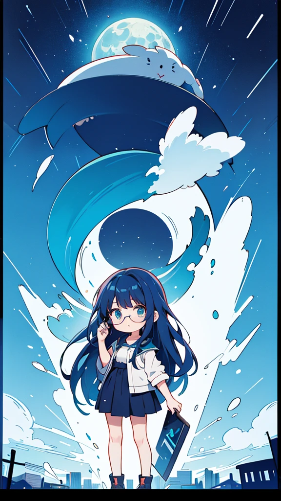 Blue-haired long hair,Design clothing,Seven-doppelganger shot,Anime style 4K,Anime girl with teal hair,High quality anime art style,Standing painting,Splash ink background,Blue Themes、Pure white background,Buildings,Face close-up,Buildings,Moon and sun、giant whale,Shining Star々,milky way,Bright Sky,Looking at me,Facing forward,Clear eyes and nose,cute,beautiful,Thin legs,Medium-long brown hair,Glasses,UFO Catcher