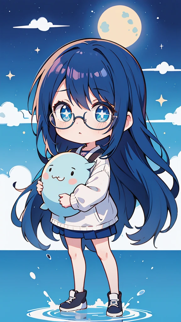 Blue-haired long hair,Design clothing,Seven-doppelganger shot,Anime style 4K,Anime girl with teal hair,High quality anime art style,Standing painting,Splash ink background,Blue Themes、Pure white background,Buildings,Face close-up,Buildings,Moon and sun、giant whale,Shining Star々,milky way,Bright Sky,Looking at me,Facing forward,Clear eyes and nose,cute,beautiful,Thin legs,Medium-long brown hair,Glasses,UFO Catcher