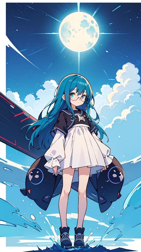 Blue-haired long hair,Design clothing,Seven-doppelganger shot,Anime style 4K,Anime girl with teal hair,High quality anime art style,Standing painting,Splash ink background,Blue Themes、Pure white background,Buildings,Face close-up,Buildings,Moon and sun、giant whale,Shining Star々,milky way,Bright Sky,Looking at me,Facing forward,Clear eyes and nose,cute,beautiful,Thin legs,Medium-long brown hair,Glasses,UFO Catcher