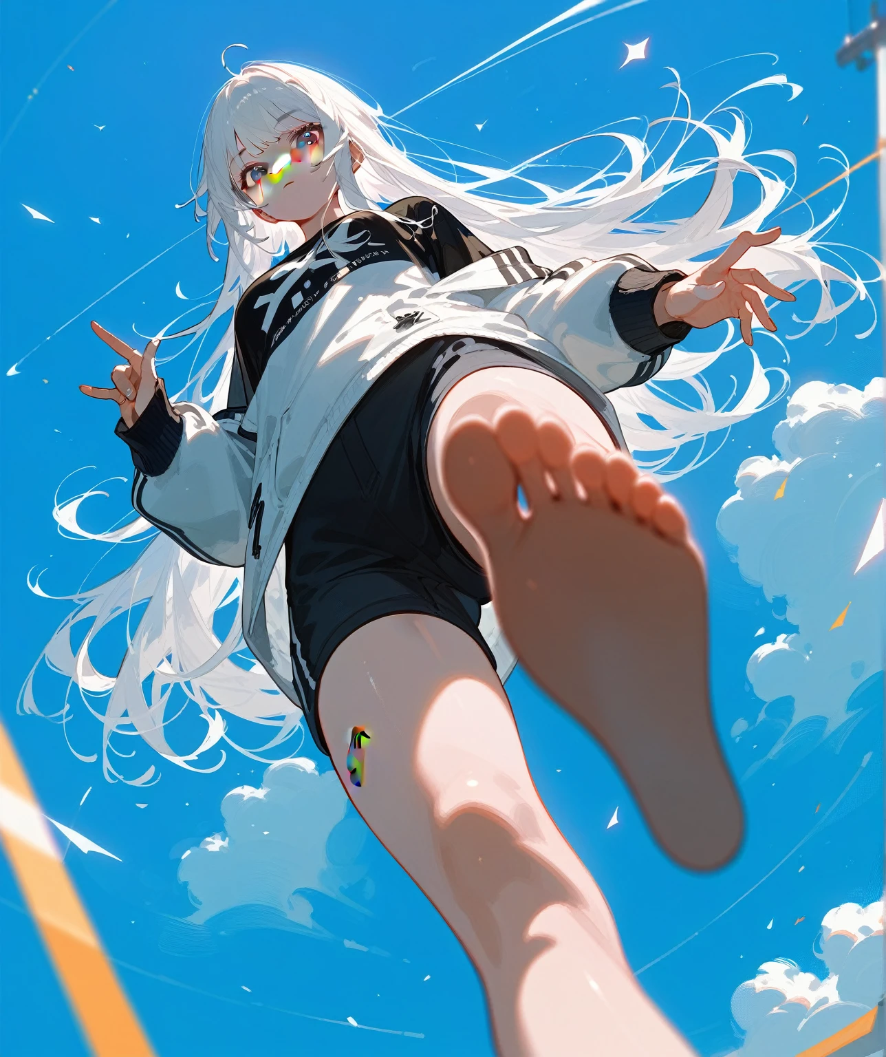 1 woman barefoot low angle，Band-Aid on nose，Black T-shirt，White sweatshirt jacket，high resolution, High Detail, quality, 高quality, Very detailed, Ultra HD, Textured Skin, Perspective drawing, White hair，Bangs, Medium long hair, 